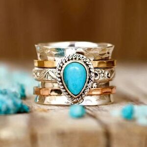 Vintage Wide Style Ring with Turquoise Color Stone Inlays